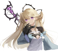 Rule 34 | 1girl, arknights, black choker, black gloves, blonde hair, breasts, choker, cleavage, closed mouth, expressionless, finger to mouth, flower, gloves, highres, indigo (arknights), inez, long hair, looking at viewer, pointy ears, purple eyes, solo, upper body, white background
