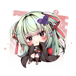 Rule 34 | 1girl, back bow, bare shoulders, black kimono, blunt bangs, blush, bow, butterfly hair ornament, chibi, closed mouth, commentary request, cross-laced footwear, green hair, hair ornament, hair ribbon, hands up, head tilt, hime cut, japanese clothes, kimono, long hair, looking at viewer, murasame (senren), red bow, red eyes, red ribbon, red sash, ribbon, sash, senren banka, sidelocks, simple background, sleeves past fingers, sleeves past wrists, smile, solo, two side up, very long hair, white background, wide sleeves, yosh1na