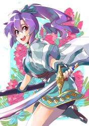 Rule 34 | 1girl, ahoge, blue hair, fingerless gloves, fir (fire emblem), fire emblem, fire emblem: the binding blade, floral background, from side, gloves, hair between eyes, holding, holding sword, holding weapon, nintendo, solo, sword, weapon