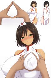 Rule 34 | 1boy, 2girls, 2koma, absurdres, bare shoulders, black eyes, black hair, blush, breasts, brown hair, chinese clothes, cleavage, cleavage cutout, clothing cutout, collarbone, comic, covered collarbone, covered erect nipples, covered navel, dark-skinned female, dark-skinned male, dark skin, dress, elbow gloves, embarrassed, gloves, grabbing, grabbing another&#039;s breast, green eyes, hair ornament, highres, honchan, large breasts, looking at viewer, male hand, mistynight, multiple girls, multiple views, nchans, open mouth, pinchan, pov, pov hands, short hair, simple background, sleeveless, sleeveless dress, small breasts, snoot challenge, thighhighs, white background, white dress, white gloves