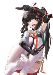 Rule 34 | 1393091353, 1girl, absurdres, ahoge, black hair, chinese clothes, hair ornament, highres, long hair, mechanical arms, open mouth, pulao (punishing: gray raven), punishing: gray raven, red eyes, short sleeves, side ponytail, sidelocks, teeth, thighhighs, upper teeth only, white background, white thighhighs