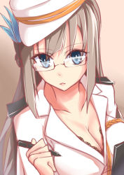 Rule 34 | 1girl, bad id, bad pixiv id, bespectacled, blonde hair, blue eyes, bra, breasts, cartonbox (zhixiang zhi), cleavage, glasses, ink pen, large breasts, lexington (warship girls r), looking at viewer, solo, underwear, uniform, warship girls r