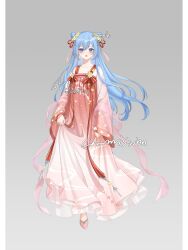 Rule 34 | 1girl, bad source, blue eyes, blue hair, blush, chinese clothes, chinese text, cone hair bun, dress, earrings, english text, flower, full body, grey background, hair bun, hair flower, hair ornament, hanfu, highres, jewelry, long hair, long sleeves, looking at viewer, open mouth, pink footwear, qixiong ruqun, ruqun, sanshui jiji, see-through, simple background, solo, very long hair