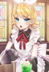 Rule 34 | 1girl, apron, arm warmers, black dress, blonde hair, blue eyes, bow, chair, cherry, commentary, dress, fang, food, frilled apron, frills, fruit, hair bow, hair ornament, hairband, hairclip, highres, holding, holding tray, ice cream, ice cream float, indoors, kagamine rin, looking at viewer, neck ribbon, open mouth, red ribbon, ribbon, serving, short hair, short sleeves, skin fang, solo, soramame pikuto, stained glass, standing, sweat, swept bangs, tray, upper body, vocaloid, waitress, white apron, white bow, window