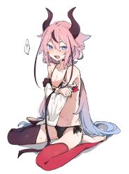 Rule 34 | !, 1other, azuma shino, bikini, black bikini, blue eyes, blush, commentary request, covering breasts, covering privates, embarrassed, fang, fingernails, flat chest, gradient hair, groin, highres, horns, long hair, looking at viewer, meika hime, multicolored hair, nail polish, navel, open mouth, pink hair, purple nails, red thighhighs, ribbon-trimmed sleeves, ribbon trim, simple background, sitting, smile, solo, spoken exclamation mark, streaked hair, swimsuit, thick eyebrows, thighhighs, toenail polish, toenails, very long hair, vocaloid, wariza, white background