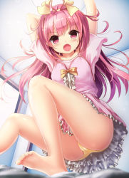 Rule 34 | 1girl, ahoge, ass, blush, bow, cameltoe, crotch seam, dress, fang, frilled dress, frills, hair bow, highres, long hair, looking at viewer, missile228, open mouth, original, panties, pink eyes, pink hair, revision, solo, underwear, yellow panties