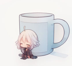 Rule 34 | 1girl, :&lt;, ahoge, beni shake, black dress, black jacket, black thighhighs, blush, chibi, closed eyes, commentary request, cup, dress, fate/grand order, fate (series), fur-trimmed jacket, fur-trimmed sleeves, fur trim, grey background, jacket, jeanne d&#039;arc (fate), jeanne d&#039;arc alter (fate), jeanne d&#039;arc alter (ver. shinjuku 1999) (fate), long sleeves, mini person, minigirl, mug, no shoes, official alternate costume, open clothes, open jacket, parted lips, sharp teeth, silver hair, sitting, solo, teeth, thighhighs, triangle mouth, wicked dragon witch ver. shinjuku 1999