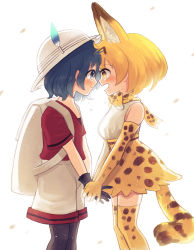 Rule 34 | 10s, 2girls, animal ears, backpack, bad id, bad pixiv id, bag, blonde hair, blue eyes, blue hair, blush, breasts, commentary request, extra ears, flat chest, forehead-to-forehead, happy tears, heads together, highres, holding hands, kaban (kemono friends), kemono friends, medium breasts, multiple girls, open mouth, pantyhose, pantyhose under shorts, qi&#039;e (penguin), red shirt, serval (kemono friends), serval print, serval tail, shirt, shorts, skirt, smile, t-shirt, tail, tears, yellow eyes, yuri