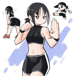 Rule 34 | 1girl, bent over, black hair, black shorts, breasts, brown eyes, closed mouth, ears, fighting stance, from behind, jumping, kicking, lineni, midriff, navel, nose, original, ponytail, shorts, sleeveless, small breasts, straight-on, sweat