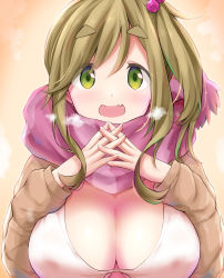 Rule 34 | 1girl, :d, bikini, breasts, breath, brown background, brown hair, brown jacket, cleavage, commentary request, fang, green eyes, hair between eyes, hair bobbles, hair ornament, highres, interlocked fingers, inuyama aoi, jacket, large breasts, looking at viewer, one side up, open clothes, open jacket, open mouth, purple scarf, scarf, short eyebrows, smile, solo, swimsuit, thick eyebrows, upper body, watarui, white bikini, yurucamp