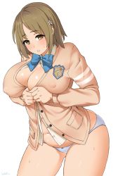 Rule 34 | 10s, 1girl, artist name, belly, blush, bow, bowtie, breasts, brown eyes, brown hair, cardigan, cleavage, dressing, embarrassed, covered erect nipples, female focus, flower, hair flower, hair ornament, highres, idolmaster, idolmaster cinderella girls, large breasts, looking at viewer, mimura kanako, navel, no pants, panties, parted lips, plump, school uniform, short hair, skindentation, solo, sweat, thick thighs, thighs, unbuttoned, undersized clothes, underwear, weight conscious, white panties, wide hips, zonda (solid air)