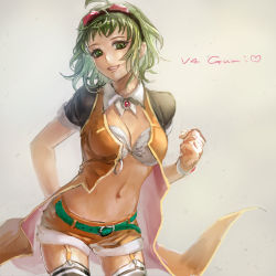Rule 34 | 1girl, ahoge, breasts, brown background, character name, cleavage, clenched hand, cowboy shot, garter straps, goggles, goggles on head, green eyes, green hair, gumi, gumi (v4 megpoid), heart, jacket, matching hair/eyes, midriff, open clothes, open jacket, orange shirt, parted lips, shirt, short shorts, short sleeves, shorts, simple background, sleeves rolled up, solo, striped clothes, striped thighhighs, teeth, thighhighs, v4x, vocaloid, wrist cuffs, yamakawa umi