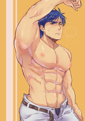 Rule 34 | 1boy, abs, absurdres, armpits, bara, blue eyes, blue hair, blush, fire emblem, fire emblem: path of radiance, fire emblem: radiant dawn, highres, ike (fire emblem), kamabokozin, large pectorals, looking at viewer, male focus, muscular, nintendo, nipples, one eye closed, pectorals, topless male, solo