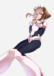 Rule 34 | 1girl, black bodysuit, blush stickers, bodysuit, boku no hero academia, breasts, brown eyes, brown hair, commentary, covered mouth, covered navel, cowboy shot, eyelashes, fingers together, floating, forehead, grey background, highres, looking at viewer, medium breasts, medium hair, muraki (owantogohan), simple background, skin tight, solo, thick eyebrows, uraraka ochako, wind