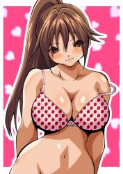 Rule 34 | 00s, 1girl, arms behind back, blush, border, bottomless, bra, breasts, brown eyes, brown hair, closed mouth, eyes visible through hair, food print, head tilt, heart, heart background, highres, ichigo 100 percent, inabakun00, kitaooji satsuki, large breasts, light smile, long hair, looking at viewer, matching hair/eyes, navel, out-of-frame censoring, outside border, ponytail, solo, standing, strap slip, strawberry print, underwear, white border