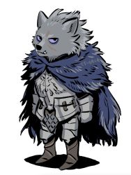 Rule 34 | 1boy, armor, blaidd the half-wolf, blue cape, boots, breastplate, brown footwear, cape, chibi, colored sclera, elden ring, full body, furry, furry male, gauntlets, looking at viewer, male focus, purple sclera, rem (tsulala), signature, simple background, solo, white background
