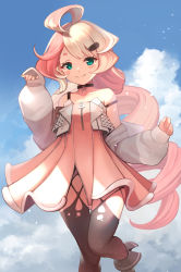 Rule 34 | 1girl, arm at side, blonde hair, choker, closed mouth, cloud, cowengium, dress, drill hair, feet out of frame, fold-over boots, green eyes, hair ornament, hairclip, hand up, highres, long hair, looking at viewer, multicolored hair, original, sky, smile, solo, thighhighs, two-tone hair