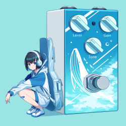 Rule 34 | 1girl, absurdres, bandaid, bandaid on leg, bare legs, black hair, blue background, blue eyes, blue hoodie, blue theme, closed mouth, commentary request, effects pedal, headphones, highres, hood, hoodie, instrument case, lex suri12, long sleeves, looking at viewer, original, puffy sleeves, short hair, simple background, smile, solo, squatting, two-tone hoodie, whale, white footwear, white hoodie
