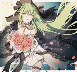 Rule 34 | 1girl, bad id, bad pixiv id, black ribbon, bouquet, breasts, chain, collar, commentary request, commission, dress, feet out of frame, flower, girls&#039; frontline, green hair, hair ribbon, highres, holding, holding bouquet, holding flower, lock, long hair, looking at viewer, mk48 (girls&#039; frontline), open mouth, petals, pixiv commission, rabb horn, red eyes, ribbon, smile, smirk, solo, standing, thighhighs, wedding, wedding dress, white collar, white dress, white thighhighs, yandere