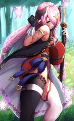 Rule 34 | 1girl, absurdres, asymmetrical gloves, asymmetrical legwear, bare shoulders, black gloves, blue eyes, blush, breasts, bug, butterfly, draph, dress, feet out of frame, gloves, granblue fantasy, hair ornament, hair over one eye, hand up, highres, holding, holding weapon, horns, bug, katana, large breasts, long hair, looking at viewer, mismatched gloves, mismatched legwear, narmaya (granblue fantasy), one eye covered, outdoors, parted lips, pink hair, pointy ears, red dress, side slit, smile, solo, standing, sword, thighhighs, thighs, tiri man, weapon, white gloves