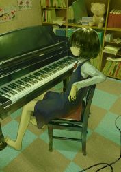 Rule 34 | 1girl, absurdres, arm rest, bags under eyes, barefoot, black hair, blue eyes, blush, bob cut, book, bookshelf, cable, child&#039;s drawing, collared shirt, dress, frown, hair ornament, hairclip, highres, instrument, jitome, long sleeves, mole, mole under eye, neck ribbon, nia (x x02), on chair, original, paper stack, photo (object), piano, pinafore dress, ribbon, shirt, short hair, sitting, sleeveless dress, solo, stuffed animal, stuffed toy, teddy bear, tile floor, tiles, wallpaper (object)