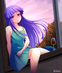 Rule 34 | 1girl, arm behind back, artist name, blue dress, blue hair, blunt bangs, cloud, collarbone, commentary request, cup, dress, drinking glass, dutch angle, expressionless, furude rika, hand on own leg, higurashi no naku koro ni, long hair, looking at viewer, open window, purple eyes, purple sky, sitting, skirt hold, sky, solo, sundress, torinosukei, tree, twilight, very long hair, window, windowsill, wine glass