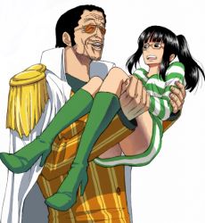 Rule 34 | 1boy, 1girl, black hair, boots, borsalino (kizaru), carrying, coat, epaulettes, facial hair, glasses, high heel boots, high heels, long hair, long sleeves, nervous, nico robin, one piece, one piece: strong world, open mouth, panties, pantyshot, ponytail, simple background, smile, standing, striped clothes, striped sweater, sunglasses, sweater, syui, underwear, you gonna get raped