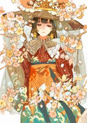 Rule 34 | 1girl, absurdres, branch, brown eyes, brown hair, brown headwear, buchi (qooo003), cherry blossoms, closed mouth, commentary request, cowboy shot, earrings, flower, hakama, hakama skirt, half-closed eyes, hands up, highres, japanese clothes, jewelry, kimono, looking at viewer, original, pink flower, red kimono, short hair, simple background, skirt, solo, white background, white flower, wide sleeves, yellow flower