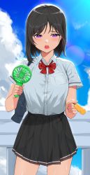 Rule 34 | 1girl, black hair, black skirt, blue sky, blush, bow, cloud, collared shirt, commentary, cowboy shot, day, dress shirt, electric fan, food, foreshortening, half-closed eyes, handheld fan, highres, holding, holding food, looking at viewer, open mouth, original, outdoors, pink eyes, pleated skirt, popsicle, railing, red bow, school uniform, shirt, short sleeves, skirt, sky, solo, standing, suzuharu toufu, sweat, teeth, upper teeth only, white shirt