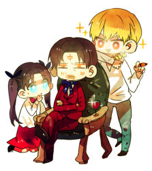 Rule 34 | 1girl, 2boys, age difference, aged down, alcohol, chair, chibi, child, couch, drawing on another&#039;s face, facial hair, facial mark, fate/stay night, fate/zero, fate (series), father and daughter, gilgamesh (fate), goatee, marker, multiple boys, official alternate costume, orbe, sleeping, sparkle, tohsaka rin, tohsaka tokiomi, twintails, wine