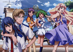 Rule 34 | 00s, 2boys, 3girls, :d, absurdres, arm around neck, blush, detexted, dress, glasses, holding hands, highres, macross, macross frontier, matsuura nanase, mikhail buran, multiple boys, multiple girls, official art, ootsuka yae, open mouth, pointing, ranka lee, saotome alto, scan, school uniform, sheryl nome, smile, third-party edit