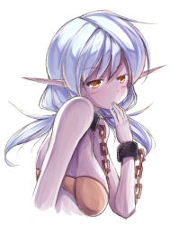 Rule 34 | 1girl, bare shoulders, bdsm, blue hair, blush, bra, breasts, brown eyes, chain, colored skin, covering own mouth, cuffs, cuffs-to-collar, dark elf, elf, elf slave (maullarmaullar), female focus, hand over own mouth, large breasts, laughing, linked collar, long hair, low twintails, maullarmaullar, original, pointy ears, purple skin, shackles, simple background, slave, smile, solo, strapless, strapless bra, twintails, underwear, upper body
