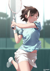 Rule 34 | 1girl, blue shirt, blurry, blurry background, brown eyes, brown hair, closed mouth, commentary request, holding, holding racket, jonsun, midriff peek, one eye closed, original, outdoors, racket, shirt, shoes, short sleeves, shorts, sneakers, sportswear, tennis racket, tennis uniform, twintails, white footwear, white shorts
