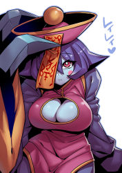 Rule 34 | 1girl, blue hair, blue skin, blush stickers, breasts, capcom, chinese clothes, claws, cleavage, cleavage cutout, closed mouth, clothing cutout, colored skin, flipped hair, hat, highres, jiangshi, large breasts, lei lei, looking at viewer, ofuda, qingdai guanmao, red eyes, short hair, simple background, solo, tukiwani, vampire (game), white background, wide sleeves
