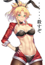 Rule 34 | 1girl, absurdres, animal ears, black gloves, black pantyhose, blonde hair, blush, braid, breasts, choker, cleavage, closed mouth, collarbone, commentary request, cropped jacket, crotchless shorts, fake animal ears, fate/apocrypha, fate/grand order, fate (series), fingernails, gloves, green eyes, hair ornament, hand on own hip, highres, jacket, long hair, looking at viewer, medium breasts, meme attire, midriff, mordred (fate), mordred (fate/apocrypha), nasaniliu, navel, pantyhose, parted bangs, rabbit ears, red jacket, red shorts, reverse bunnysuit, reverse outfit, shiny clothes, shorts, shrug (clothing), sidelocks, simple background, solo, stomach, sweater, unbuttoned, white background