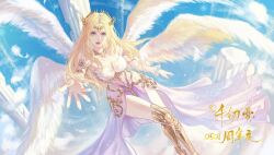 Rule 34 | 1girl, absurdres, angel wings, armored boots, artist request, blonde hair, blue eyes, blue sky, boots, broken pillar, detached collar, detached sleeves, douluo dalu, dress, falling feathers, feathers, floating, full body, hair ornament, hand up, highres, long hair, parted lips, qian renxue (douluo dalu), reaching, reaching towards viewer, second-party source, sky, solo, teeth, white dress, wings