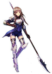 Rule 34 | 1girl, armor, artdink, boots, braid, brown eyes, brown hair, gloves, greaves, kara (color), polearm, ravness loxaerion, simple background, solo, spear, tactics ogre, thigh boots, thighhighs, twin braids, weapon, white thighhighs