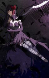 Rule 34 | 1girl, absurdres, akemi homura, akuma homura, argyle, argyle clothes, argyle legwear, black dress, black feathers, black footwear, black hair, blurry, blurry foreground, breasts, choker, cleavage, closed mouth, collarbone, dress, elbow gloves, feathered wings, feathers, full body, gloves, grey thighhighs, hair between eyes, hairband, high heels, highres, long hair, looking at viewer, mahou shoujo madoka magica, mahou shoujo madoka magica: hangyaku no monogatari, missholmes, pumps, purple eyes, purple gloves, red hairband, sleeveless, sleeveless dress, small breasts, smile, solo, strapless, strapless dress, thighhighs, very long hair, wings