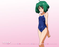 Rule 34 | 00s, 1girl, blush, calendar, competition school swimsuit, covered erect nipples, flat chest, green hair, macross, macross frontier, one-piece swimsuit, ranka lee, red eyes, school swimsuit, short hair, solo, sugimura tomokazu, swimsuit, thighs