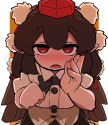 Rule 34 | 1girl, black bow, black bowtie, black hair, blush, bow, bowtie, full-face blush, hat, highres, leaning forward, looking at viewer, open mouth, pointy ears, red eyes, red hat, shameimaru aya, short hair, short sleeves, solo, tokin hat, touhou, yugi 0928