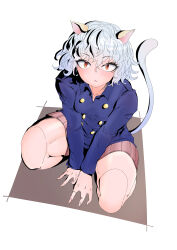 Rule 34 | 1girl, absurdres, animal ears, breasts, cat ears, cat girl, cat tail, claws, highres, hunter x hunter, looking at viewer, medium breasts, neferpitou, red eyes, short hair, shorts, shumazarashi, simple background, slit pupils, solo, striped clothes, striped shorts, tail, thighs, white background