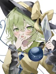 Rule 34 | 1girl, :p, black hat, bow, buttons, commentary request, diamond button, frilled sleeves, frills, green eyes, green hair, hair between eyes, hand on own face, hat, hat bow, highres, holding cleaver, koishi day, komeiji koishi, long hair, long sleeves, looking at viewer, shirt, simple background, solo, sorani (kaeru0768), third eye, tongue, tongue out, touhou, upper body, white background, wide sleeves, yellow bow, yellow shirt