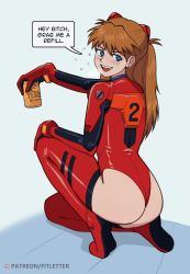 Rule 34 | 1girl, absurdres, alcohol, arm support, ass, beer can, blush, bodysuit, boots, can, drink can, drunk, earrings, english text, female focus, fitletter, full body, heavy breathing, highleg, highleg leotard, highres, jewelry, leotard, looking at viewer, looking back, neon genesis evangelion, open mouth, plugsuit, red leotard, smile, solo, souryuu asuka langley, speech bubble, squatting, thigh boots, thong leotard, wedgie, wide hips