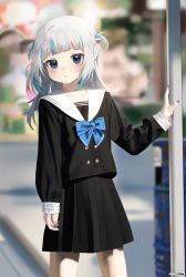 Rule 34 | 1girl, absurdres, antenna hair, aqua hair, black serafuku, black skirt, blue bow, blue bowtie, blue eyes, blunt bangs, blurry, blurry background, blush, bow, bowtie, closed mouth, collarbone, depth of field, dot nose, gawr gura, hair ornament, highres, hololive, hololive english, long hair, long sleeves, looking at viewer, multicolored hair, nail polish, outdoors, pleated skirt, pole, pout, road, sailor collar, school uniform, serafuku, shark hair ornament, skirt, solo, standing, streaked hair, street, striped sleeves, stu diho, two side up, virtual youtuber, white hair, white sailor collar