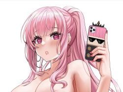 Rule 34 | 1girl, alternate hairstyle, bare shoulders, breasts, cellphone, earrings, eyelashes, highres, holding, hololive, hololive english, hoop earrings, jewelry, large breasts, mori calliope, nail polish, open mouth, out-of-frame censoring, phone, pink eyes, pink hair, piukute062, ponytail, selfie, simple background, smartphone, solo, standing, topless, upper body, virtual youtuber, white background