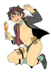 1boy ahoge arm_up artist_name black_footwear black_jacket black_male_underwear blue_socks blush brown_eyes brown_hair bulge champagne_flute commentary_request cup detached_collar dress_shoes drinking_glass flying_sweatdrops full_body hand_up holding holding_cup jacket long_sleeves looking_at_viewer male_focus male_underwear masa_(mshk_s) money navel necktie nipples no_shirt open_clothes open_jacket open_mouth protagonist_4_(housamo) red_necktie short_hair simple_background smile socks solo sweatdrop tokyo_houkago_summoners tucked_money underwear white_background