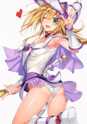 Rule 34 | 1girl, ;d, alternate color, arm up, armpits, ass, bad id, bad nicoseiga id, bare shoulders, blonde hair, blush, boots, breasts, choker, cleavage, dark magician girl, duel monster, from behind, gem, green eyes, heart, helmet, highres, holding, holding staff, knee boots, looking back, medium breasts, one eye closed, open mouth, panties, partially visible vulva, red gemstone, shiny skin, smile, solo, staff, thighs, ts422, twisted torso, underwear, white footwear, white panties, yu-gi-oh!, yu-gi-oh! duel monsters