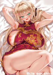 Rule 34 | 1girl, armpits, bed sheet, black bow, blonde hair, blush, bow, braid, breasts, china dress, chinese clothes, cle masahiro, commentary request, dragon print, dress, green eyes, hair bow, highres, large breasts, long hair, looking at viewer, lying, mole, mole under mouth, nipples, on back, one breast out, open mouth, original, print dress, red dress, sleeveless, sleeveless dress, solo, thighs, twitter username