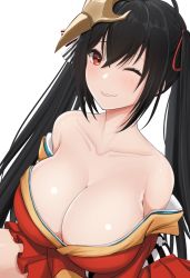 Rule 34 | 1girl, azur lane, bare shoulders, black hair, blush, breasts, collarbone, hair ornament, hair ribbon, japanese clothes, kimono, large breasts, long hair, looking at viewer, off shoulder, one eye closed, parted lips, red eyes, ribbon, smile, solo, taihou (azur lane), twintails, upper body, vik (xypt7474)