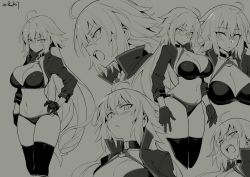 Rule 34 | 1girl, ahoge, bikini, breasts, character sheet, dated, fate/grand order, fate (series), gloves, green theme, jeanne d&#039;arc alter (swimsuit berserker) (fate), jeanne d&#039;arc (fate), jeanne d&#039;arc alter (fate), jeanne d&#039;arc alter (swimsuit berserker) (fate), large breasts, long hair, monochrome, multiple views, shrug (clothing), shrugging, swimsuit, thighhighs, try (lsc)